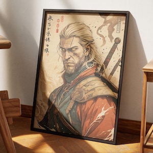 May include: Framed art print featuring a stern-faced man with long blonde hair and a beard, clad in armor and a red tunic. Two swords are visible behind him. Japanese text is present in the upper left and right corners. The artwork has a vintage, illustrated style.