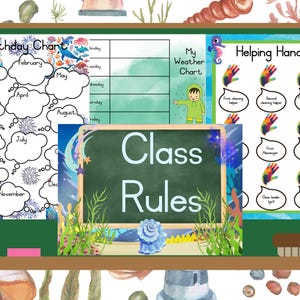 Pósteres para el aula sobre criaturas marinas: comportamiento, cumpleaños, deberes en el aula, reglas en el aula, días, meses, gráficos meteorológicos, pósteres inspiradores