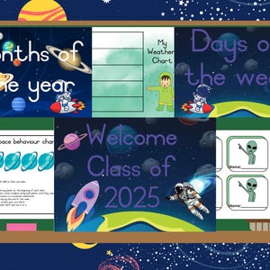 Pósteres para el aula con temática espacial: comportamiento, cumpleaños, deberes en el aula, reglas en el aula, días, meses, gráficos meteorológicos, pósteres inspiradores