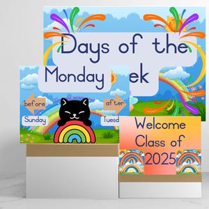 Regenboogthema: dagen van de week, maanden van het jaar, weerkaart