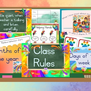 Pósteres para el aula con temática de arcoíris. Cumpleaños, comportamiento, reglas, deberes, días, meses, clima e inspiración.