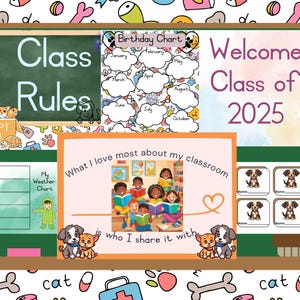 Pósteres para el aula con temas de mascotas: comportamiento, cumpleaños, deberes, reglas, días de la semana, meses del año, gráficos meteorológicos, pósteres inspiradores