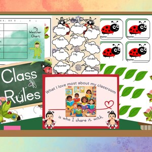 Pósteres para el aula con temática de mariquitas: reglas (8), inspiración (5), comportamiento (5), cumpleaños, deberes, gráfico del tiempo, días (8), meses (13)