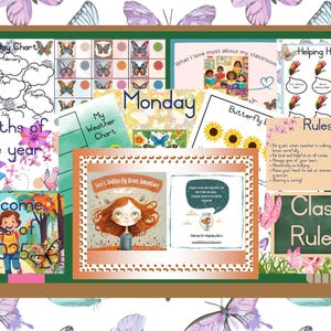 Pósteres para el aula con temática de mariposas. Cumpleaños, comportamiento, reglas, deberes, días, meses, clima e inspiración.