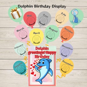 Dolphin theme birthday display. A4 and A3 options available. Dolphin decor poster and 14 birthday balloons. Perfect for visual learners.