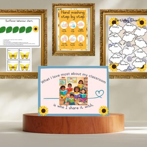 Pósteres para el aula con temática de girasoles. Cumpleaños, comportamiento, deberes, reglas, días, meses, clima e inspiración.
