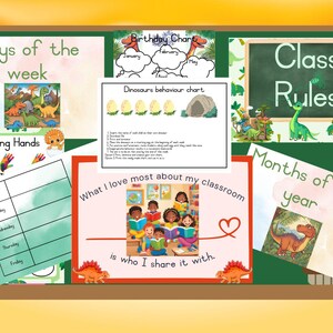 Pósteres para el aula con temática de dinosaurios: cumpleaños, comportamiento, deberes, reglas, clima, días de la semana, meses del año, inspiración, bienvenida