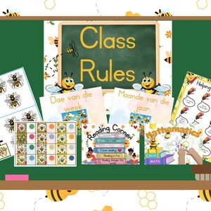 Pósteres para el aula con temática de abejas. Inglés, Matemáticas, Pósteres generales para el aula: comportamiento, cumpleaños, deberes, reglas, inspiración, clima
