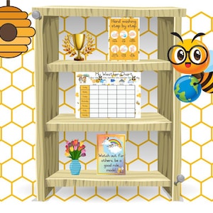 Carteles de clase con temática de abejas: lavado de manos, modelo a seguir, gráfico del tiempo