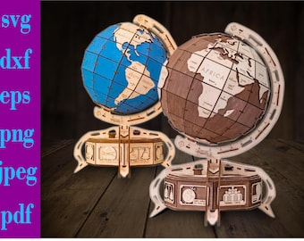 May include: Two wooden globe models on stands. One globe is blue and shows the continents of the world. The other globe is brown and shows the continents of Africa, Europe, and Asia. Both globes have a wooden base with intricate details.