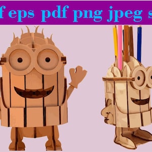 Könnte beinhalten: Zwei Bleistifthalter aus Holz in Form von Minions. Der Halter links steht und der Halter rechts hält einen Bund bunter Stifte.