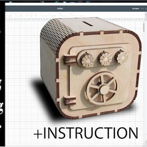 Op de afbeelding: Een houten spaarpot in de vorm van een kluis met een gleuf bovenop en een draaiknopvergrendeling. De kluis is lichtbruin met donkerbruine accenten. De draaiknopvergrendeling heeft drie knoppen met decoratieve ontwerpen. De kluis staat op een witte rasterachtergrond. +INSTRUCTION