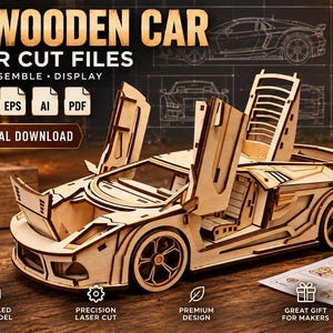Sport Car Model 3D Wooden Open door Car Lambo Model - laser instant download cut dxf cdr svg vector, 3mm Laser Cut File