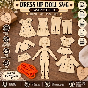 Muñeca para vestir (archivo SVG para corte láser), juguete educativo de madera, actividad de aprendizaje para niños, muñeca para vestir inspirada en Montessori, regalo de Navidad o cumpleaños.