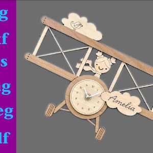 May include: Wooden clock shaped like a biplane with a clock face and a cloud with the name Amelia. The clock face has black Roman numeral hour markers and black hands.
