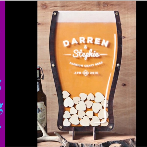 Libro de firmas para bodas con forma de vaso de cerveza: Caja con forma de corazón en rompecabezas 3D SVG de 3 mm (Archivo para corte láser)