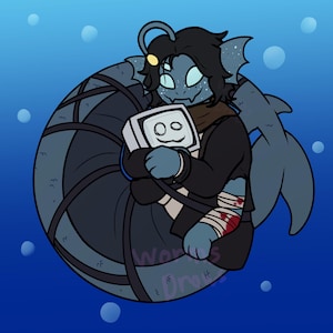 May include: A digital illustration of a blue creature with a shark tail, holding a vintage computer. The creature has a light on its head and is wrapped in dark lines. The computer has a smiling face. The background is blue with bubbles.