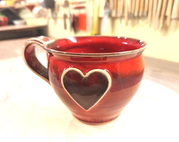 Handmade Red Heart Pottery Mug: 20 oz Ceramic Coffee Cup