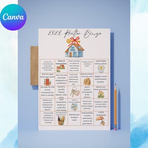 May include: A 2026 Realtor Bingo game sheet with a house graphic and key. The sheet includes various real estate-related tasks. A pencil rests on the right side of the image. The Canva logo is in the upper left corner.