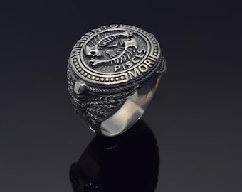 Anillo con calavera del signo zodiacal Piscis, anillo de plata con sello Memento Mori, anillo zodiacal Piscis