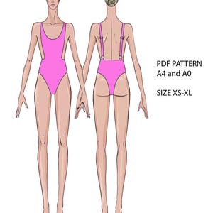 May include: A digital illustration of a pink one-piece swimsuit with an open back and adjustable straps. The text reads: The pattern is one piece swimsuit with open back with straps in PDF format, PDF PATTERN A4 and A0, SIZE XS-XL, with a ruler to determine the stretch ability of the fabric and assembly recommendations.