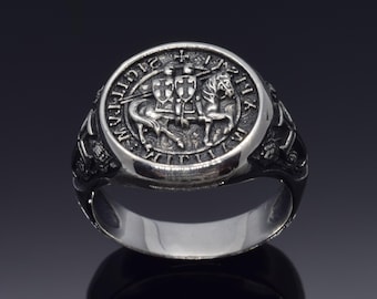 Anillo de plata 925 de los Caballeros Templarios, anillo con el sello de los cruzados cristianos, joyería medieval templaria.