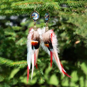 Boho chic style feather dangle earrings handmade bohemian statement summer festival jewelry