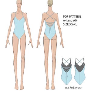 May include: A digital illustration of a light blue one-piece swimsuit pattern in PDF format. The design includes front and back views, two back options with lace-up or simple straps, and text indicating A4 and A0 sizes from XS to XL.