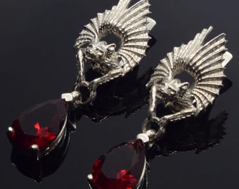 Bat With Garnet Cool Earrings, Latch Back Gargoyle Earrings, Silver Gothic Jewelry