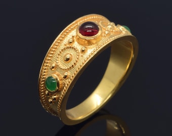 Byzantine Ring, Etruscan Jewelry, Greek Jewelry, Medieval Ring, Etruscan Garnet and Emerald Ring, Constantinople Silver Ring