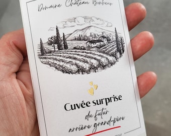 Etiquette bouteille grossesse “Cuvée surprise" avec design vignoble – Annonce originale naissance arrière grand-père