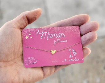 Bracelet Maman - Coeur - Carte animaux - Pochette cadeau - Surprise - Anniversaire - Fête des mères - Cadeau maman - Acier inoxydable doré
