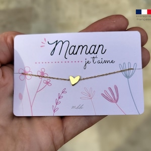 Bracelet Maman - Coeur - Carte fleurs - Pochette cadeau - Surprise - Anniversaire - Fête des mères - Cadeau maman - Acier inoxydable doré