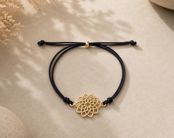 Bracelet Rosace Dorée – Bracelet Protection et Harmonie – Cadeau Maman Fille Amie – Cordon au choix – Zamac doré or fin 24K