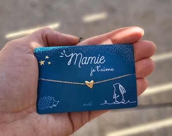 Bracelet mamie - Cœur - Carte animaux - Bleu - Surprise - Anniversaire - Fête des grands mères - Cadeau mamie - Acier inoxydable doré