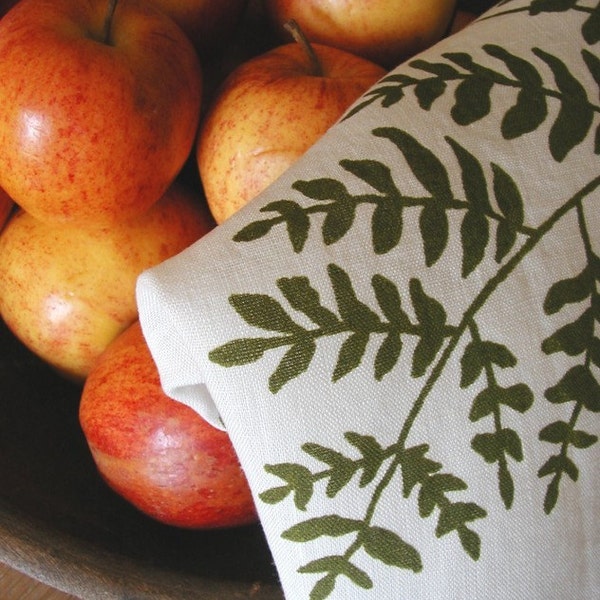 Organic Linen Tea Towel- Hand Screen Printed with Fern Design in Moss Green