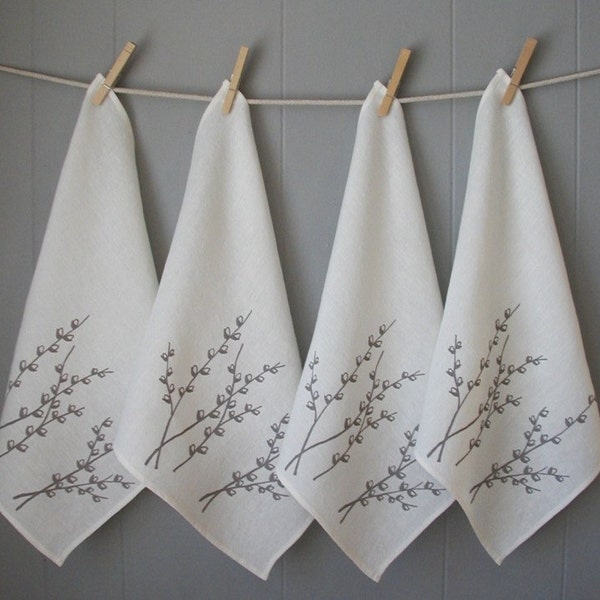 Napkins - Set of Four- Organic Linen- Pussy Willow Design- Spring Table Setting