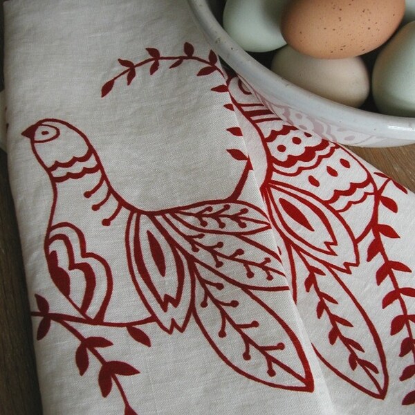 Organic Linen Tea Towels- Set of Two Scandinavian Folk Bird Dish Towels