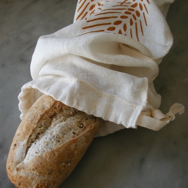Organic Linen Drawstring Baguette Bread Bag- Hand Screen Printed with Wheat Design - Cloth Bread Bag