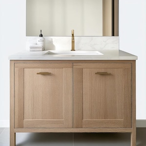 Custom White Oak Single Sink Vanity – Modern Bathroom Vanity with Soft Close Doors – Handmade Wood Vanity – Minimalist Bathroom Cabinet
