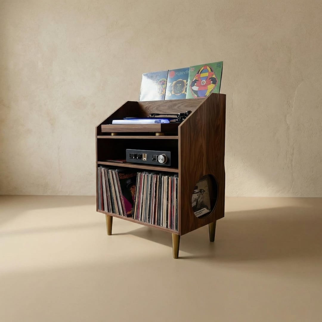 Mid Century Modern Record Player Stand With Vinyl Storage | Walnut ...