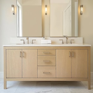 Custom White Oak Double Sink Vanity | 60” Solid Wood Bathroom Vanity | Modern Double Vanity with Soft-Close Storage