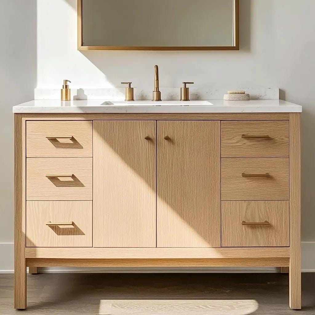 Custom Extra-Wide White Oak Vanity | 55” Single Sink Bathroom Vanity | Modern Wood Vanity with Soft-Close Drawers
