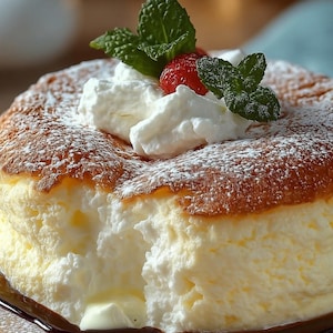 Puede incluir: Un soufflé esponjoso de color marrón dorado, espolvoreado con azúcar glas, cubierto con crema batida, una fresa fresca y hojas de menta. El pastel está sobre un plato de madera con salsa oscura.