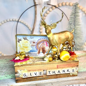 Give Danke Vintage Herbstliche Dekoration mit goldenem Reh und antiker Postkarte