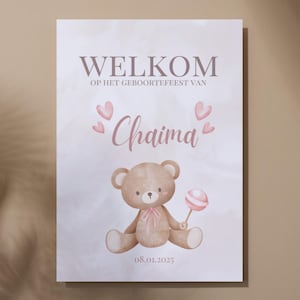 Gepersonaliseerde tafelkaarten / welkomstkaarten voor babyfeest / geboortefeest / saba3 / sadaqa met een beertje voor een meisje