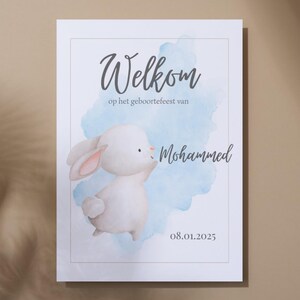 Gepersonaliseerde tafelkaarten / welkomstkaarten voor babyfeest / geboortefeest / saba3 / sadaqa met een konijntje voor een jongen