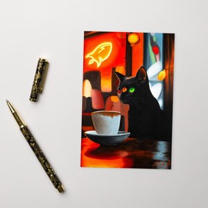 Cartão postal Magic Cafe | Impressão de pintura | Pôster de arte | Ideia de presente | Arte de café | Arte de gato