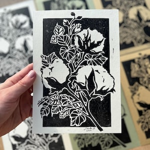 Cotton plant linocut handmade original print (14,5x21cm) (5.7&#39;&#39;x8.2&#39;&#39;) Lino print. Original art. Wallart.