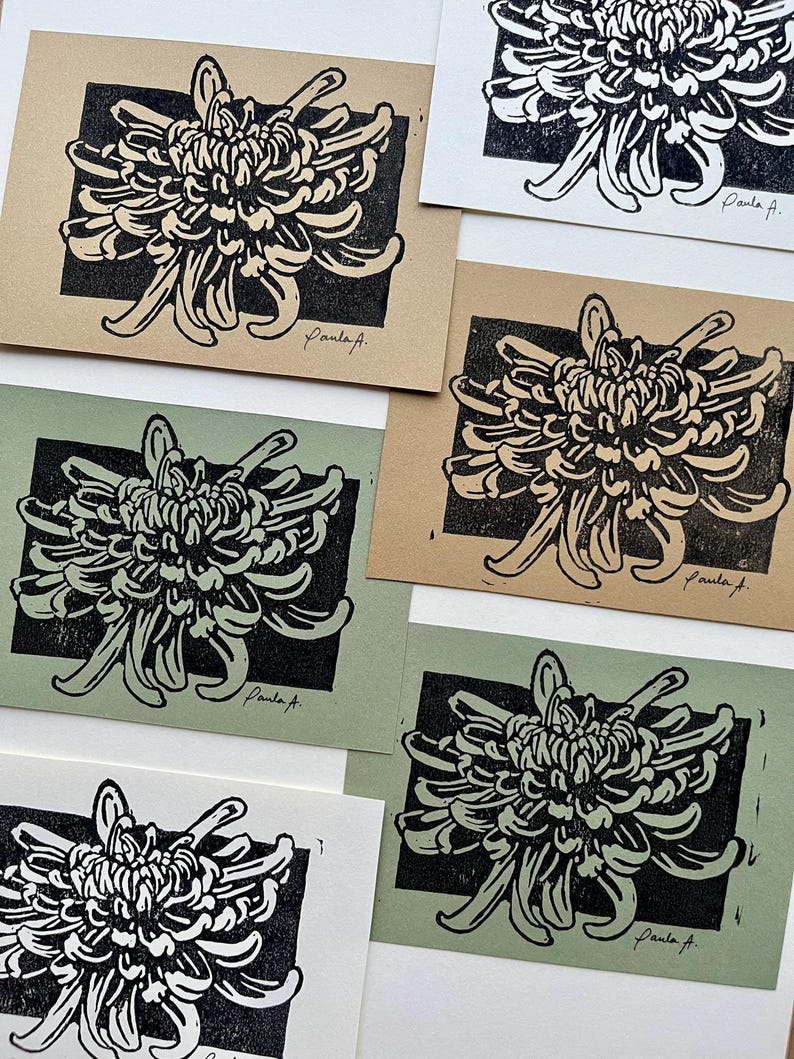Chrysanthemum Linocut Print: Handmade Botanical Wall Art (10.5x14.5cm ...